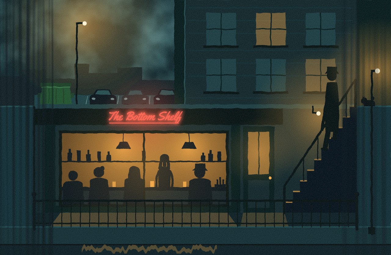 The Bottom Shelf, a basement bar at night: regulars at the counter under amber lamps, a red neon sign, and a figure heading down the steps
