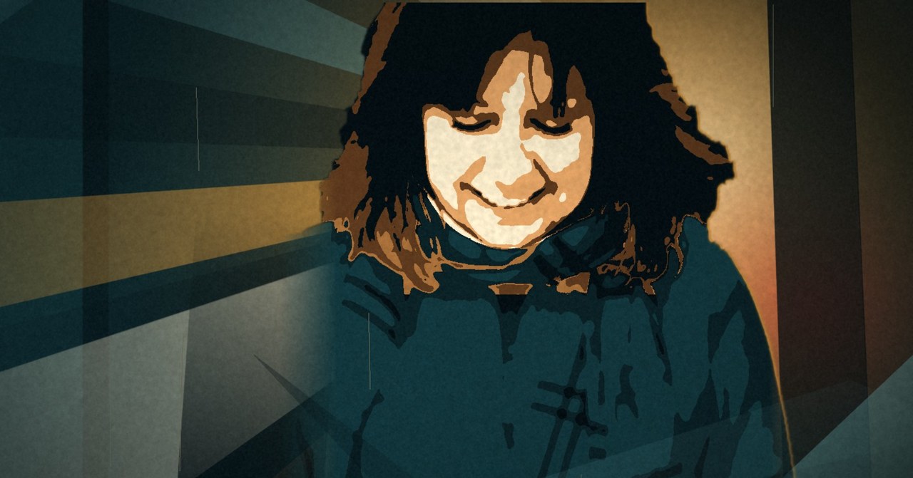 A stencil-style portrait of Barbara North, looking down and smiling